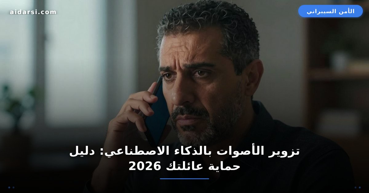 رسم توضيحي لموجة صوتية مزدوجة مع هاتف محمول وقناع رقمي يمثل عملية استنساخ الصوت بالذكاء الاصطناعي وهجمات الاحتيال الصوتي في 2026