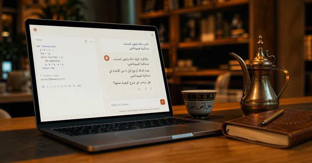شاشة Claude AI بواجهة عربية مع مطور يكتب كود Python ونموذج Sonnet مفتوح في الخلفية