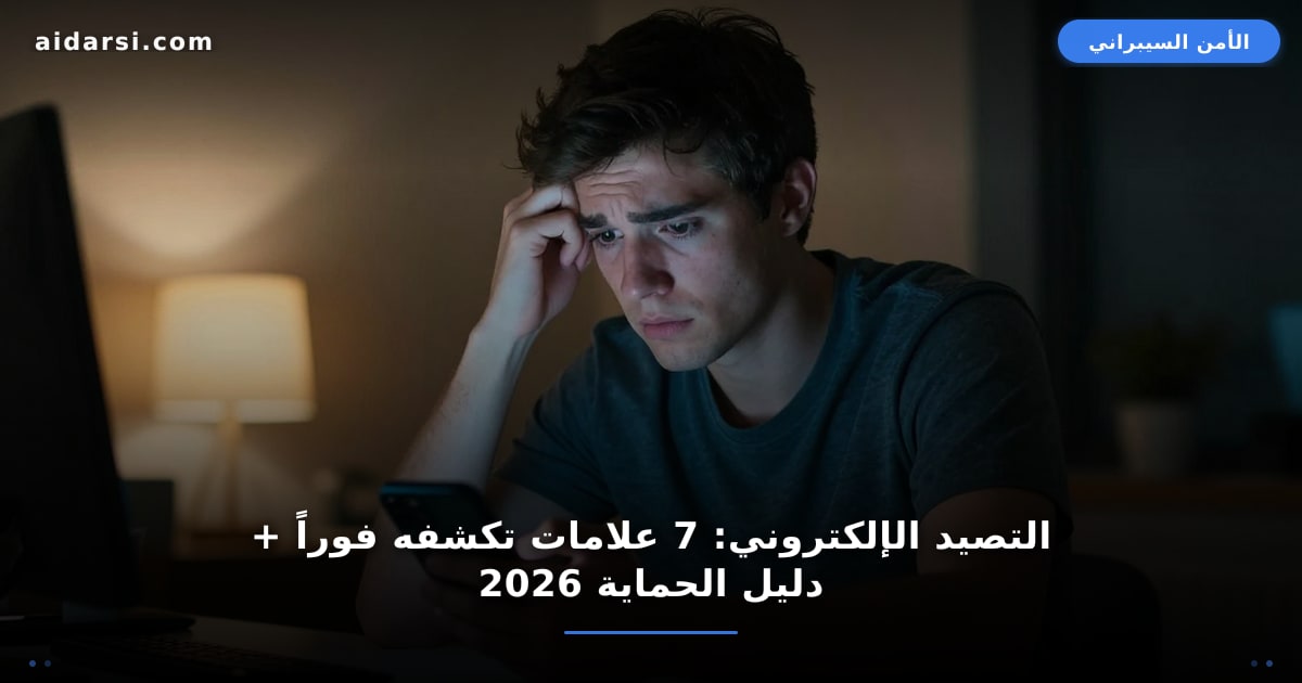 رسم توضيحي لرسالة بريد إلكتروني احتيالية بها خطاف صيد يمثل هجوم التصيد الإلكتروني وعلامات كشف الرسائل المزيفة