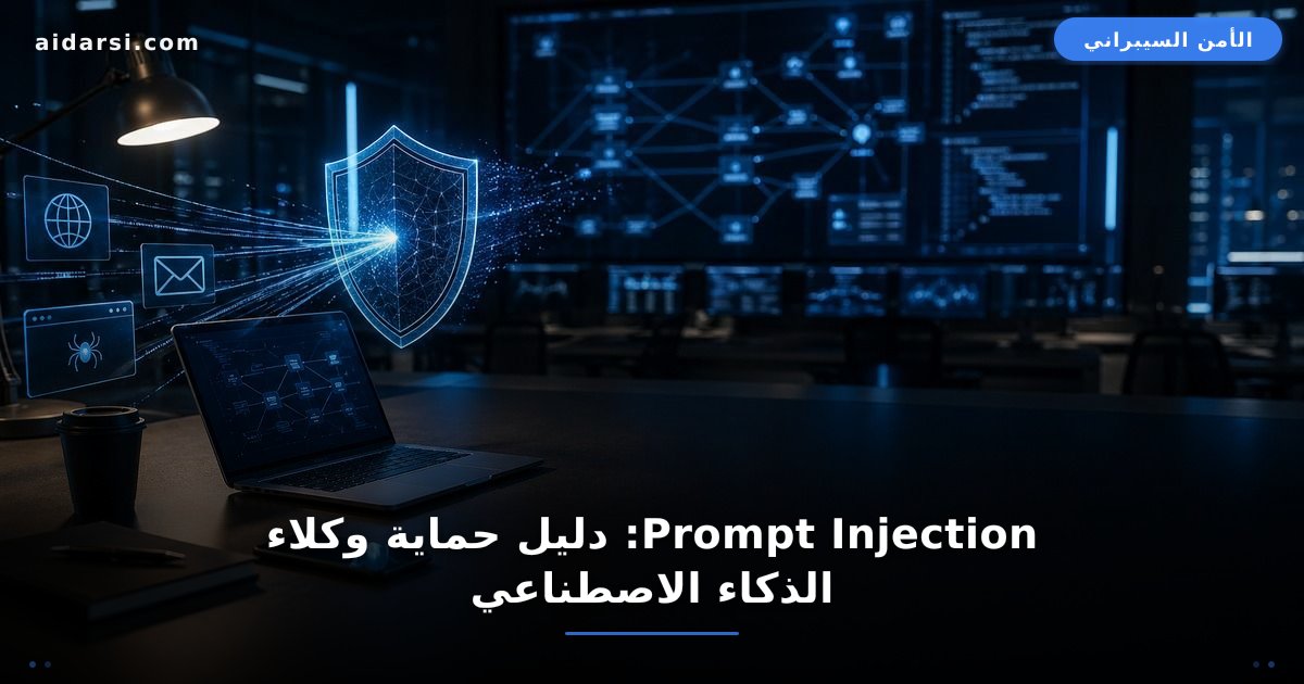 واجهة وكيل ذكاء اصطناعي محاطة بدرع أمني يحجب تعليمات مخفية وروابط خطرة